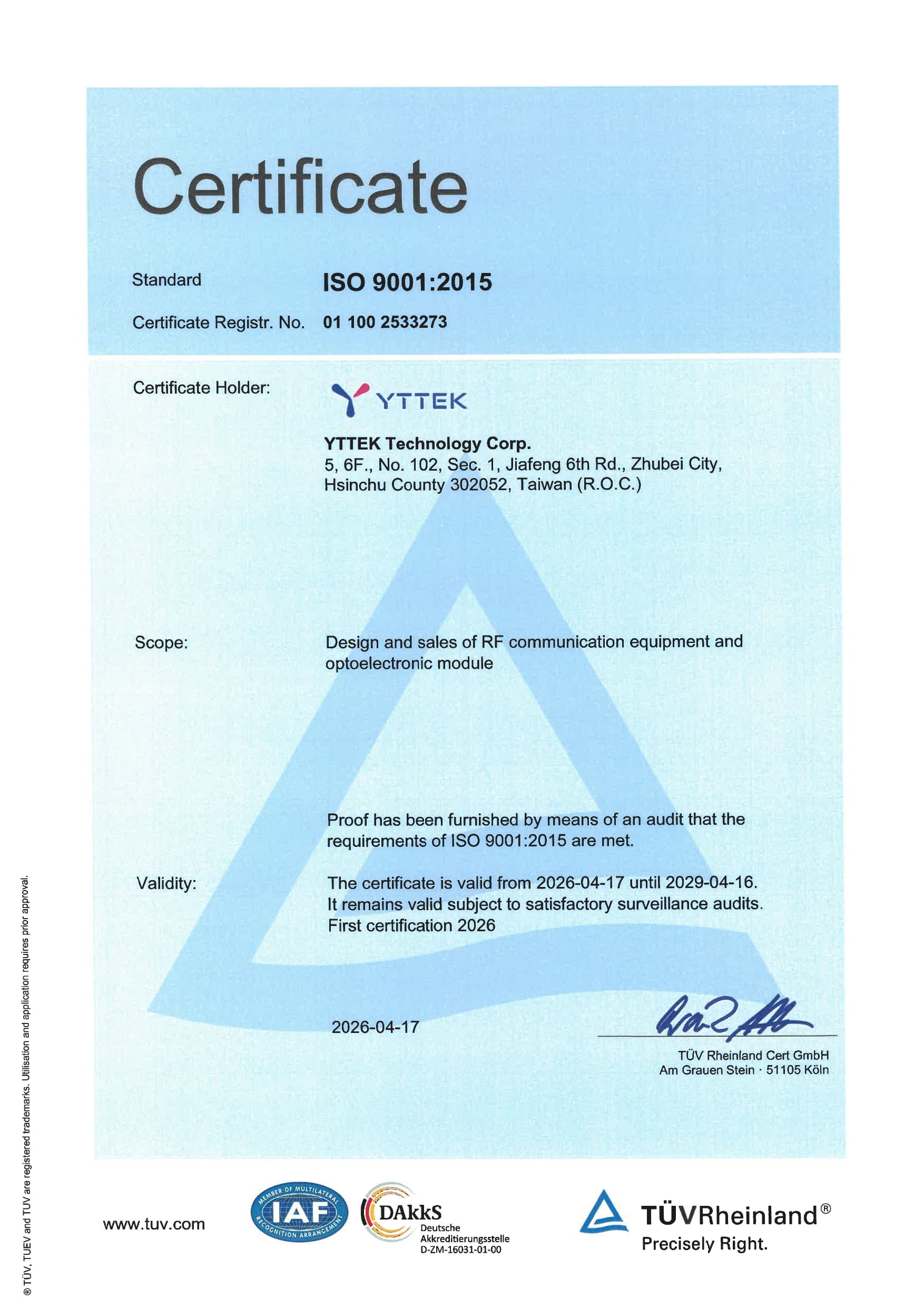 YTTEK is certified to ISO 9001:2015, demonstrating our commitment to systematic excellence and engineering rigor.